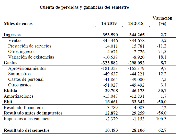 ercros, resultados primer semestre 2019, ventas, ebitda, beneficios, deuda, ganancia, polioles, cloro, gastos, cifra de negocios, facturación, datos económicos, segmentos, negocios